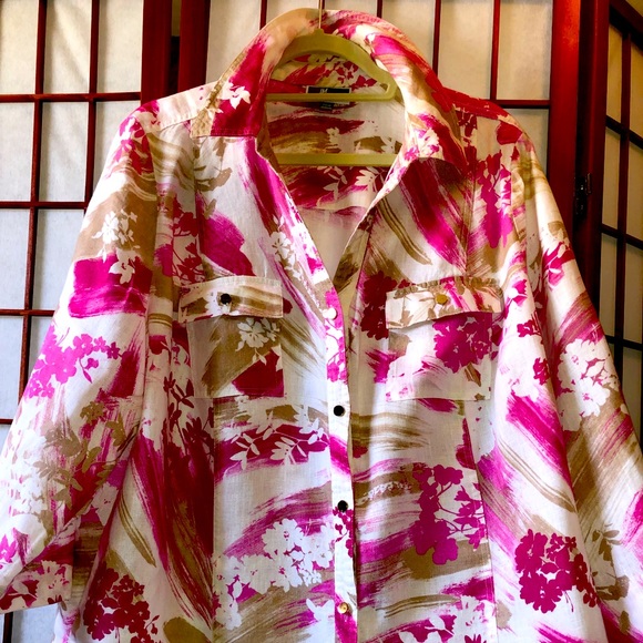 JM Collection Women Tops - Print Long Sleeve Linen Shirt